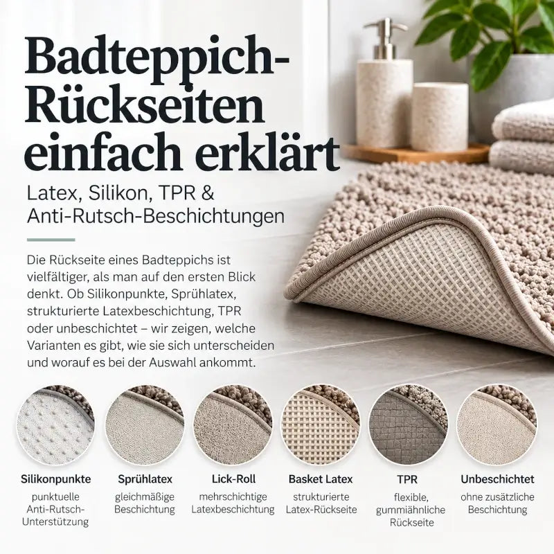 Badteppich-Rückseiten erklärt: Latex, Silikon, TPR & Anti-Rutsch-Beschichtungen
