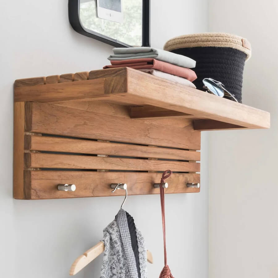 Spa Wandregal aus Holz mit Handtuchhaken/Garderobe: Praktische Aufbewahrungslösung für Flur oder Bad.