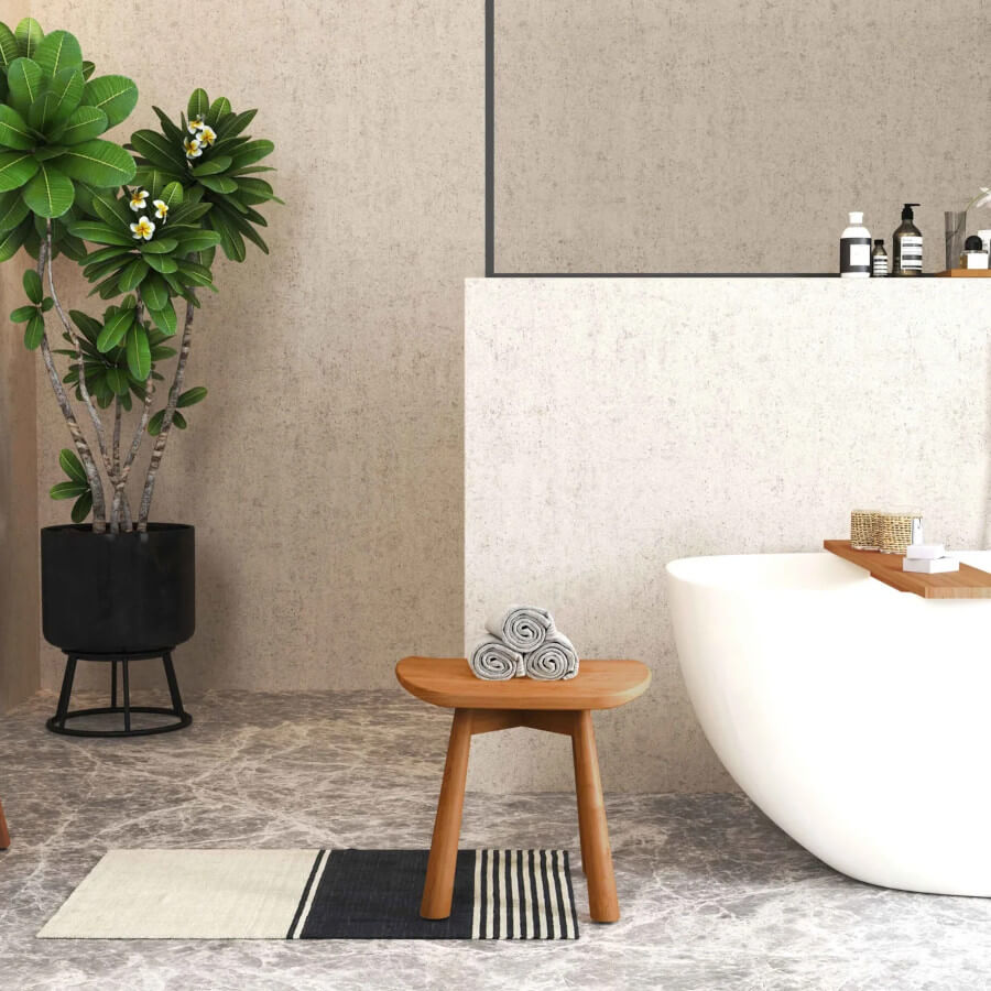 Stilvoller Teakholz-Hocker für ein exklusives Badezimmer- oder Spa-Erlebnis.