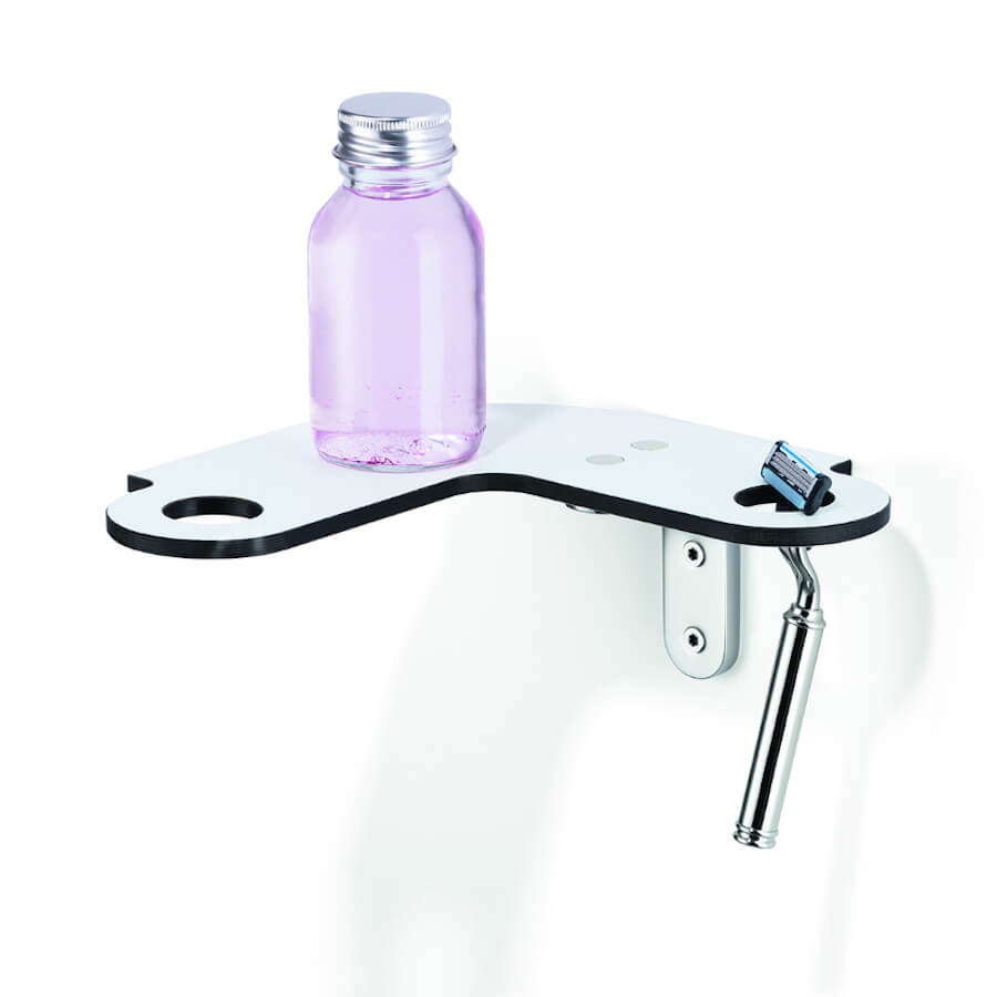 Weiße Ecke/Eck-Duschregal/Duschablage Giese (rechts Optik Slimbord), platzsparende Lösung für die Dusche.