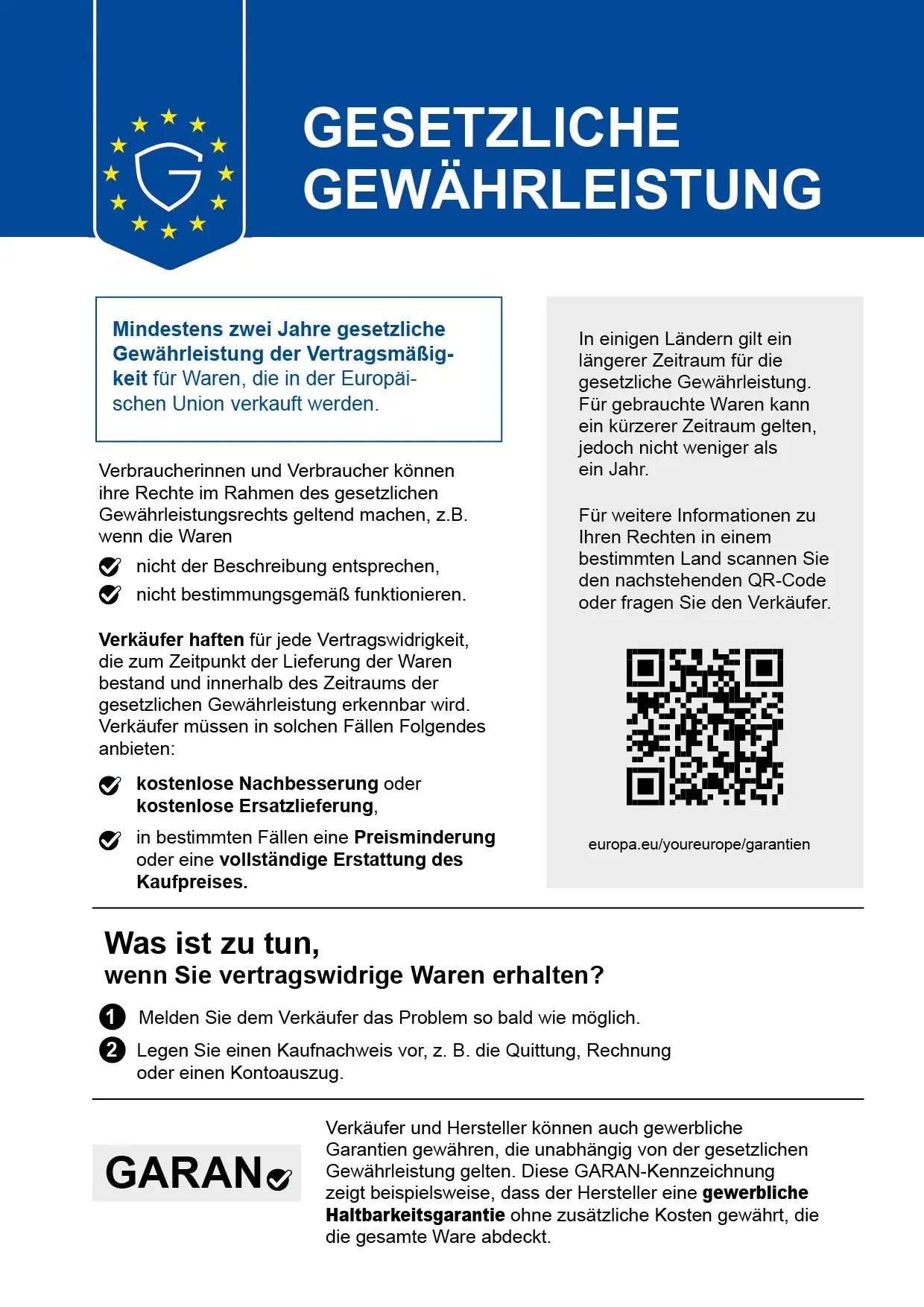 Gesetzliche Gewährleistung – EU-Etikett