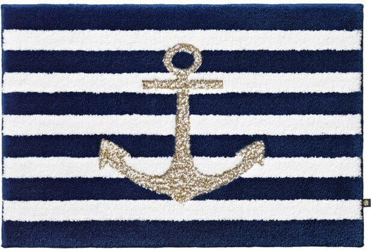 Badezimmerteppich auf Wunschmaß, maritimes Anker-Motiv in Royal-Weiß mit Goldlurex, luxuriös und individuell.