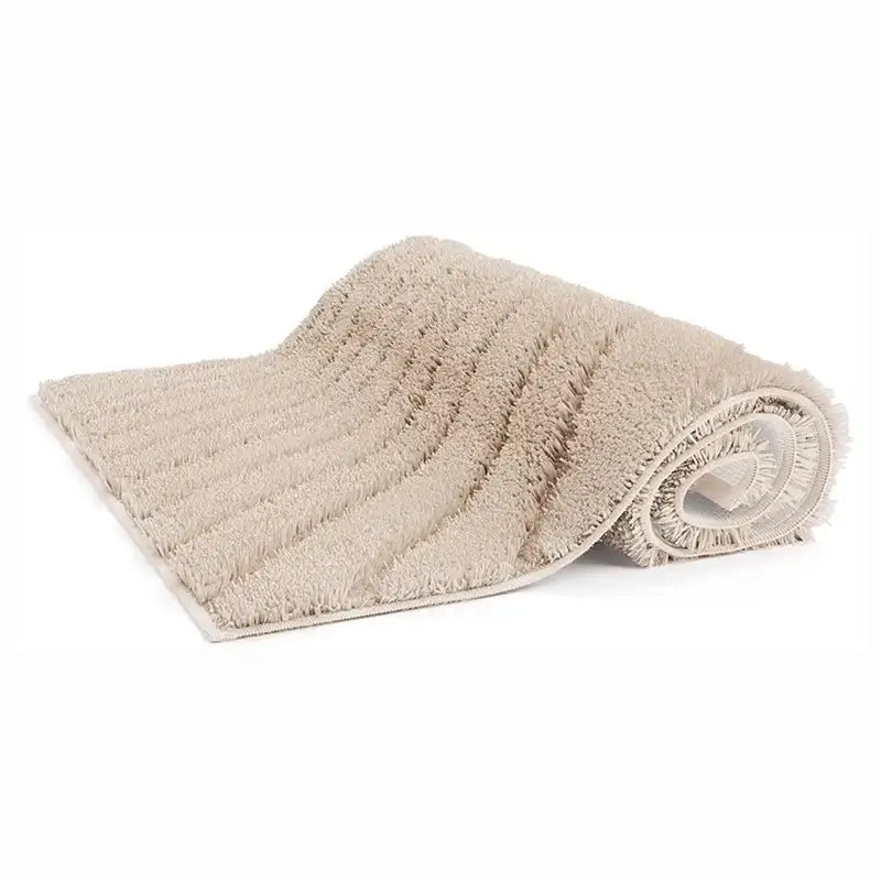 Badezimmerteppich Caffi in Beige – weicher Hochflor-Badteppich mit modernem Grundmuster
