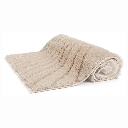 Badezimmerteppich Caffi in Beige – weicher Hochflor-Badteppich mit modernem Grundmuster
