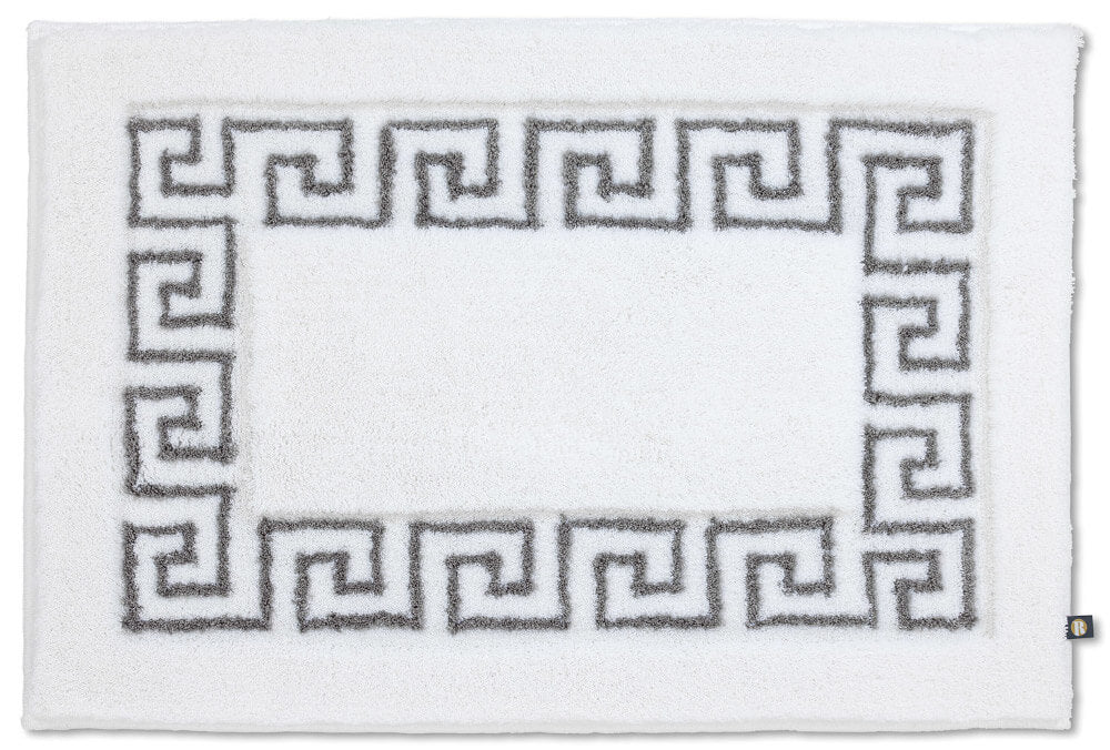 Badezimmerteppich Mäander Wunschmaß in Weiß-Kiesel, individueller Teppich mit elegantem Muster.