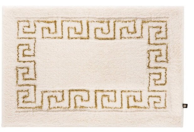 Badezimmerteppich nach Maß, Mäander in Natur-Jasmin mit Gold von Rhomtuft, ein natürlicher und individueller Teppich.