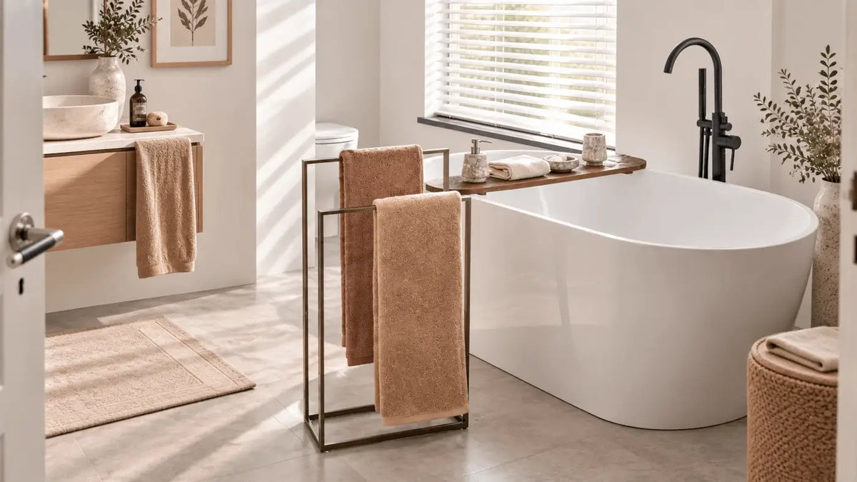 Badtrends 2027: Warme Naturtöne mit beigen Handtüchern, bronzefarbenem Handtuchhalter und freistehender weißer Badewanne
