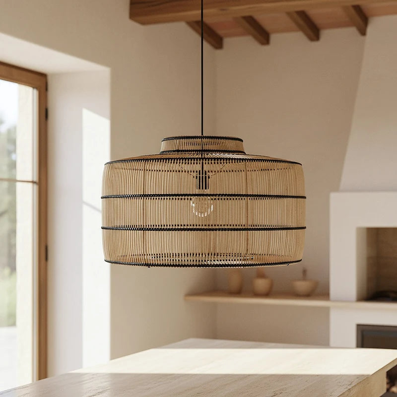 Rattan-Pendelleuchte Stella, 61 cm, Detailansicht des handgeflochtenen Schirms
