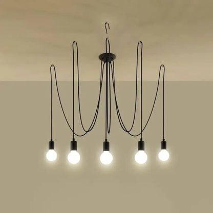Moderne Hängelampe in Schwarz mit eingeschaltetem Licht – dekorative Pendelleuchte mit sichtbaren Leuchtmitteln