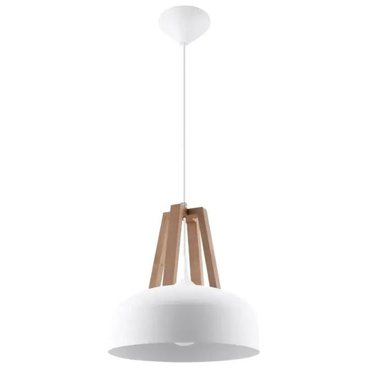 Weiße CASCO Pendelleuchten aus Metall und Holz über einem Esstisch – ideale Beleuchtung für Esszimmer, offene Küchen und moderne Wohnbereiche