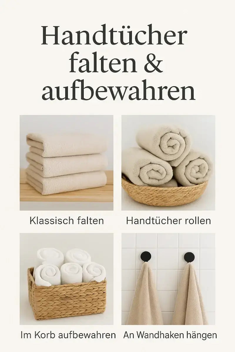 Falttechnik für Handtücher – ordentlich gefaltete weiße Handtücher in modernem Badezimmer stilvoll aufbewahrt