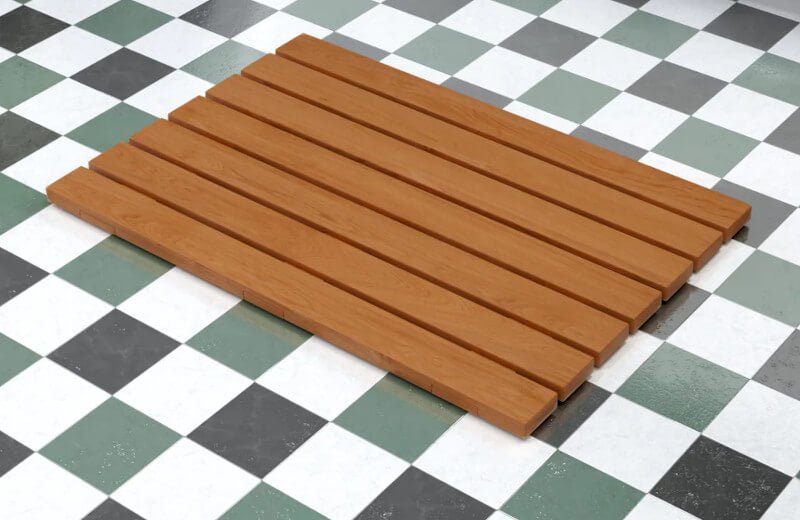 Rutschfeste Teakholz-Badematte für ein natürliches Spa-Ambiente im Badezimmer.