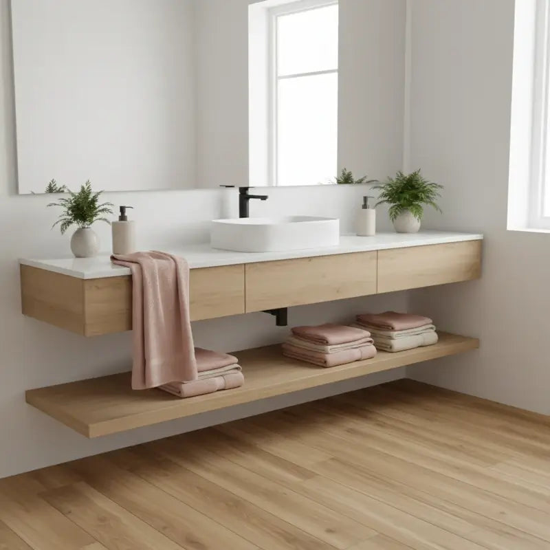 Badezimmer mit Holzoptik-Fliesen und Handtüchern in Puder und Creme – warme Naturtöne als perfekte Ergänzung zum Holzboden
