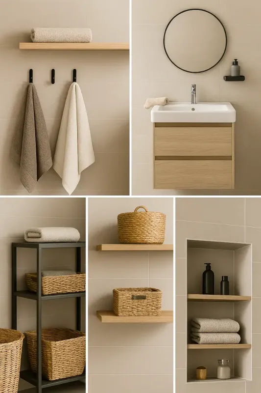 Kreative Ideen für kleine Badezimmer: platzsparende Lösungen mit Regalen, Wandhaken, geschlossenen Wäschekörben und abgestimmten Farben. Moderne Einrichtungsideen für mehr Ordnung und Stil im Mini-Bad.
