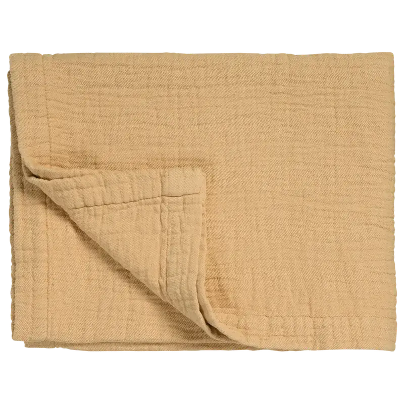 Leichte Tagesdecke Vandyck Pure 68 in Apricot, gefalteter Bettüberwurf mit feiner Webstruktur und breitem Saum
