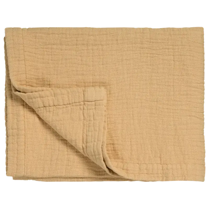 Leichte Tagesdecke Vandyck Pure 68 in Apricot, gefalteter Bettüberwurf mit feiner Webstruktur und breitem Saum
