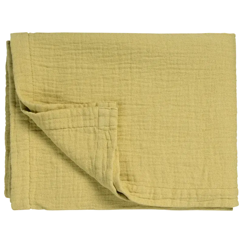 Leichte Tagesdecke Vandyck Pure 68 in Gelb, gefalteter Bettüberwurf mit feiner Webstruktur und breitem Saum
