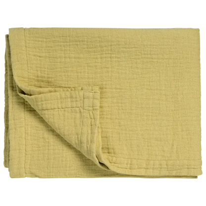 Leichte Tagesdecke Vandyck Pure 68 in Gelb, gefalteter Bettüberwurf mit feiner Webstruktur und breitem Saum

