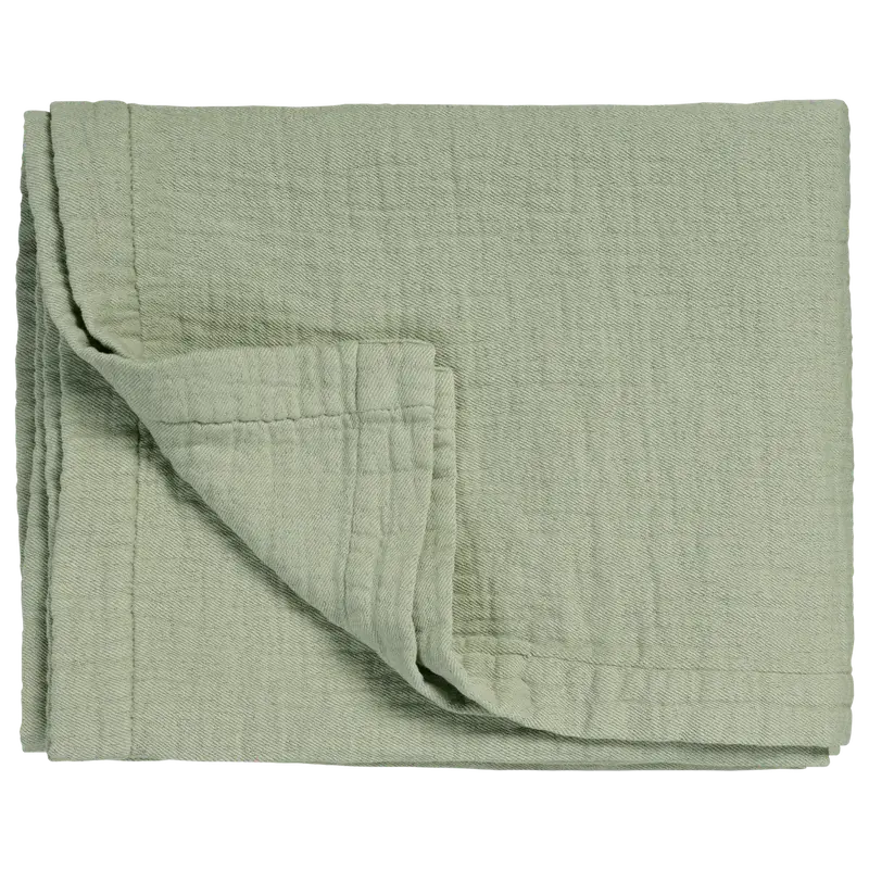 Leichte Tagesdecke Vandyck Pure 68 in Smoke Green, gefalteter Bettüberwurf mit feiner Webstruktur und breitem Saum

