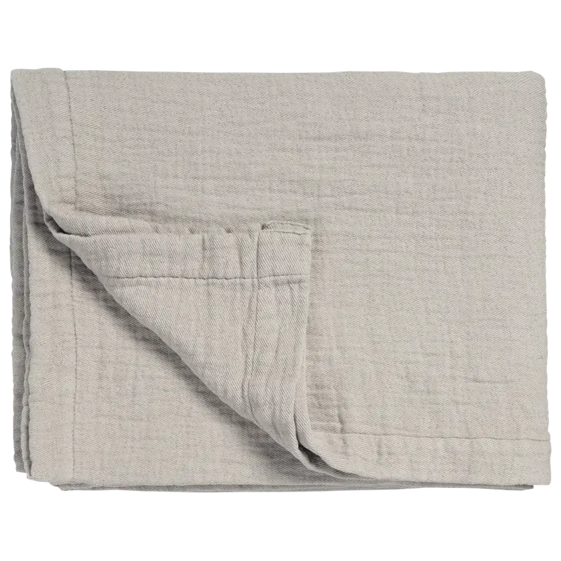 Leichte Tagesdecke Vandyck Pure 68 in Stone Grau, gefalteter Bettüberwurf mit feiner Webstruktur und breitem Saum
