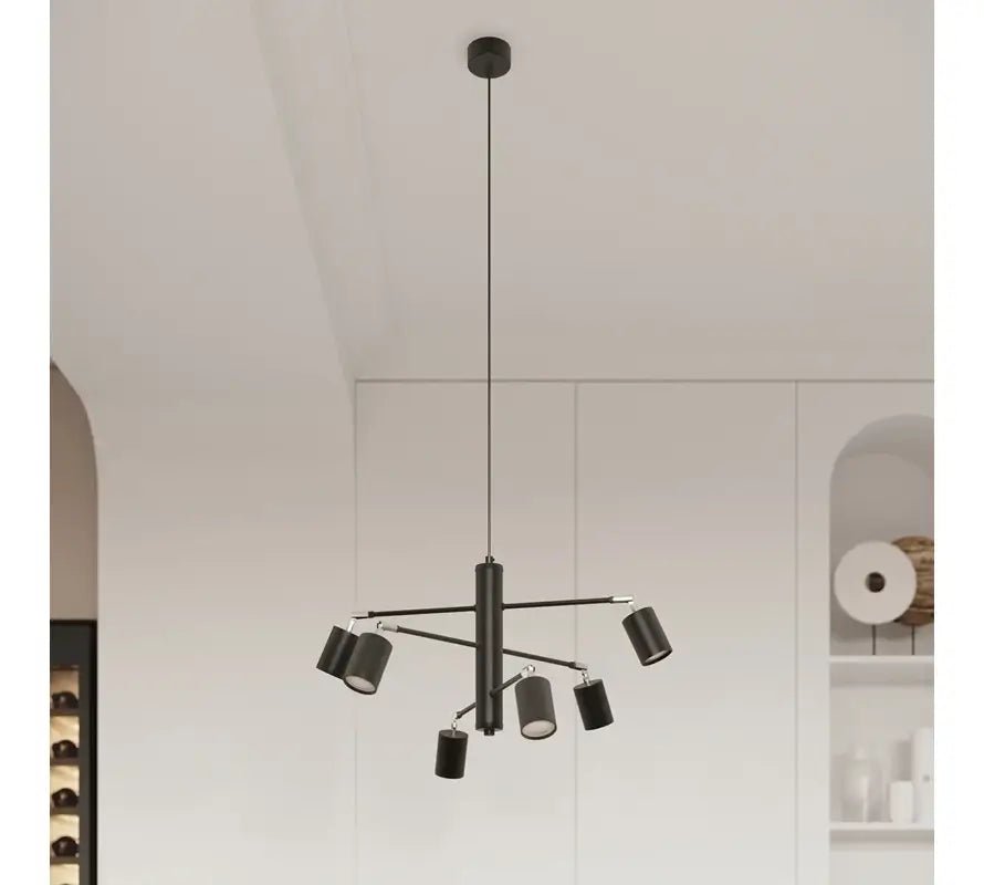 Schwarze minimalistische Pendelleuchte mit zylindrischen Lampenschirmen, moderne mehrflammige Deckenleuchte
