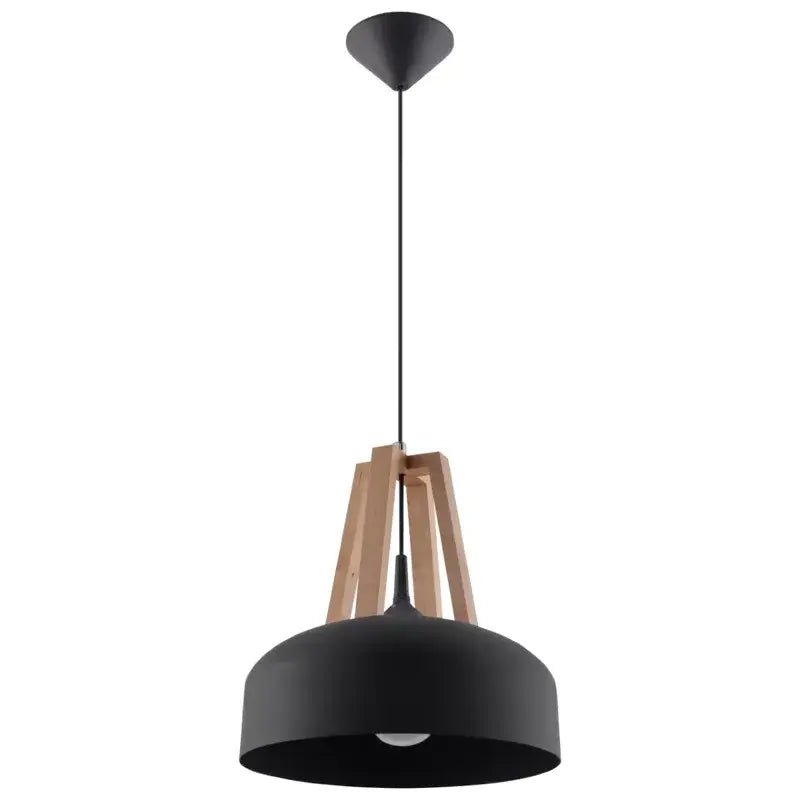 Schwarze CASCO Pendelleuchten mit Holz-Akzent über einem modernen Essbereich – ideale Beleuchtung für Esszimmer, offene Küche oder Café-Interieur.