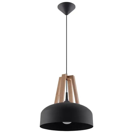Schwarze CASCO Pendelleuchten mit Holz-Akzent über einem modernen Essbereich – ideale Beleuchtung für Esszimmer, offene Küche oder Café-Interieur.