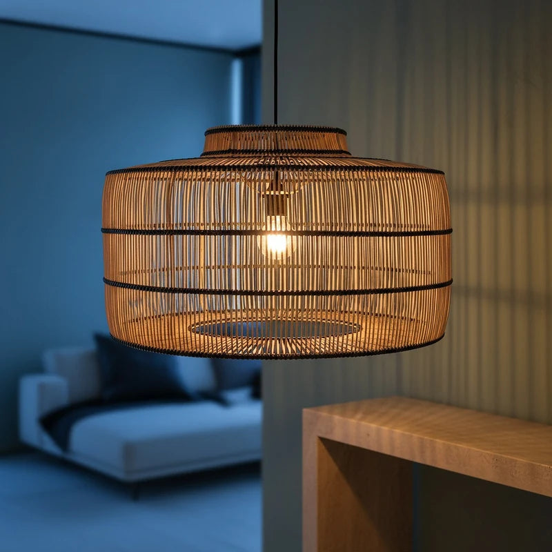 Rattan-Pendelleuchte Stella, 61 cm, beleuchtete Boho-Hängeleuchte mit Lichtspiel durch den geflochtenen Schirm
