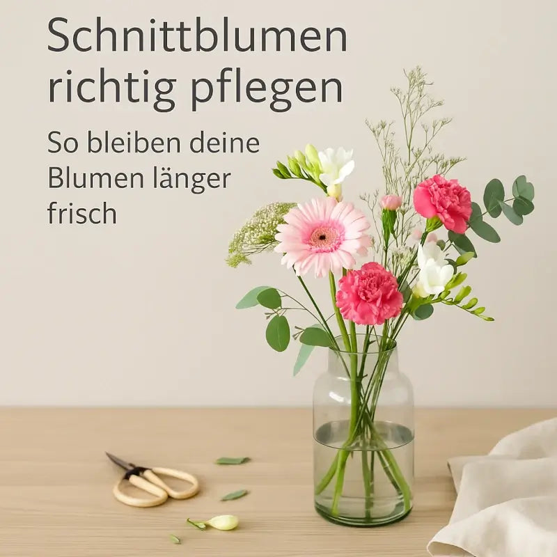 Frische Schnittblumen in einer Vase – Tipps zum richtigen Anschneiden und Pflegen für längere Haltbarkeit